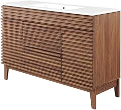 Furnifact Walnut White Bathroom Vanity, Floor-Mount, 48 Inch, Single Ceramic Sink, MDF Cabinet, Centerset Faucet Ready, Freestanding