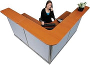 Global Industrial 80" W x 80" D x 46" H L-Shaped Electric Reception Station, Cherry Counter/Blue Panel