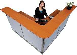 Global Industrial 80" W x 80" D x 46" H L-Shaped Electric Reception Station, Cherry Counter/Blue Panel