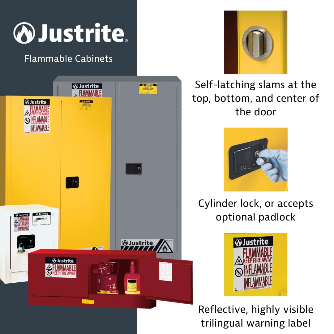 2 Gallon Manual Close Countertop Flammable Storage Cabinet by Justrite – 2 Gallon, 18 Gauge Steel, Yellow, Model 890200
