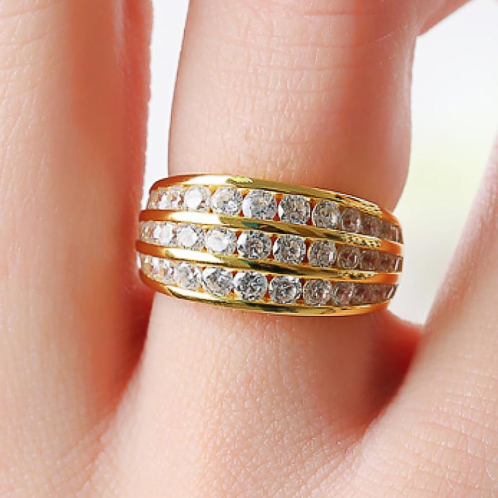 Women's Ring with Channel-Set 3-Layer Half-Circle CZ for Wedding by Generic – 9, Brass, Gold Color, Model Q230_9