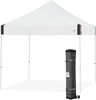 E-Z UP Vantage Instant Shelter Canopy, 10' x 10', White Powder-Coated Steel Frame with Wide-Trax Roller Bag & 4 Piece Spike Set, White