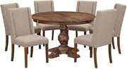 Furnifact Solid Wood Round Dining Table 7 Piece Set, Kitchen Table with Polyester Upholstered Chairs Dining Room Dinner Table, Light Tan