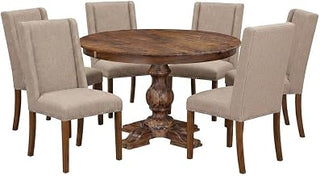 Furnifact Solid Wood Round Dining Table 7 Piece Set, Kitchen Table with Polyester Upholstered Chairs Dining Room Dinner Table, Light Tan