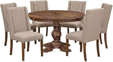 Furnifact Solid Wood Round Dining Table 7 Piece Set, Kitchen Table with Polyester Upholstered Chairs Dining Room Dinner Table, Light Tan