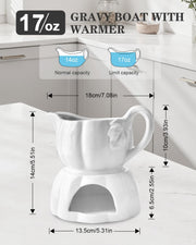Demine Ceramic Gravy Boat, 18 Ounce Capacity with Candle Warmer, White