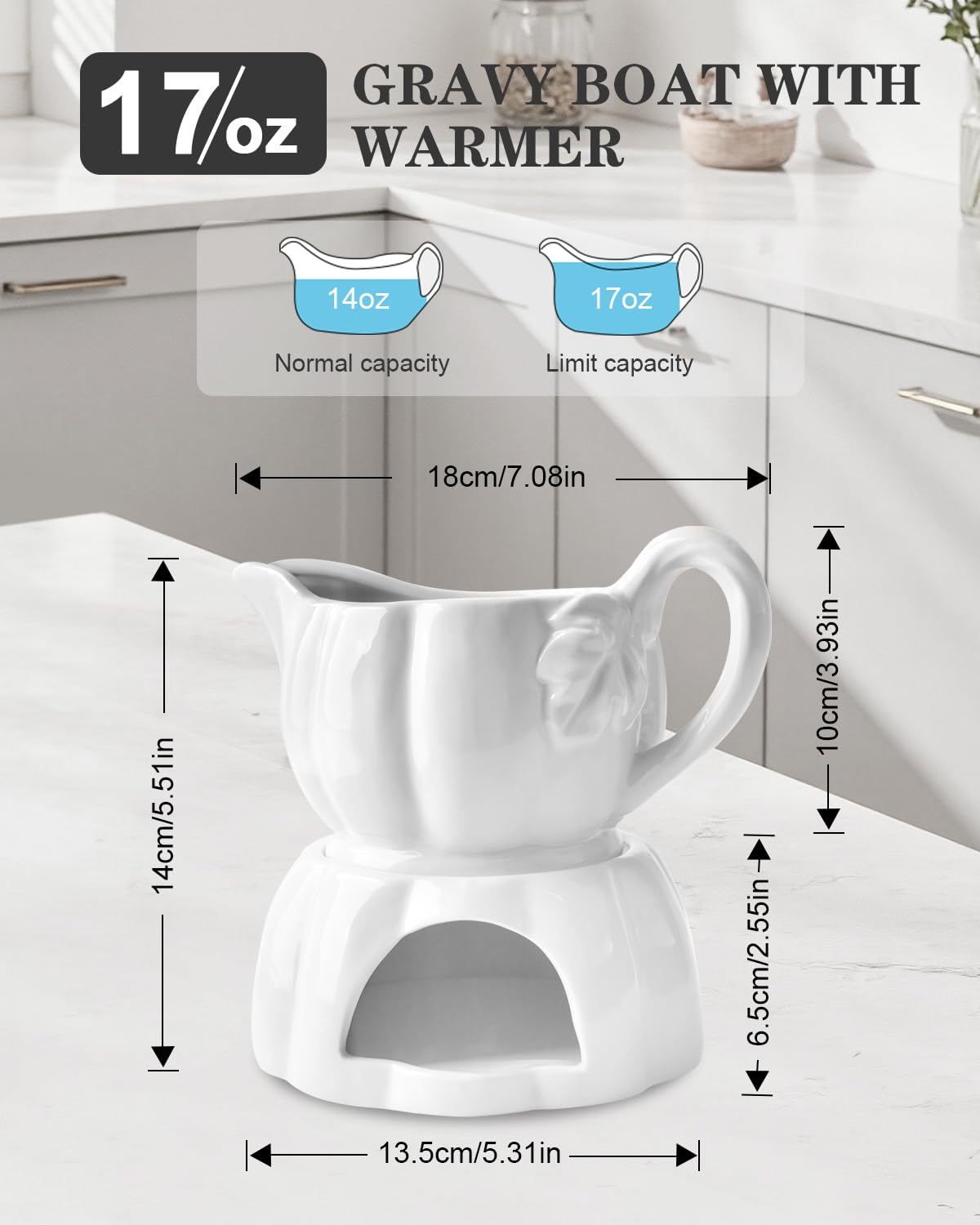 Demine Ceramic Gravy Boat, 18 Ounce Capacity with Candle Warmer, White