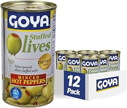Goya Foods Manzanilla Olives Stuffed with Hot Peppers, 5.25 Ounce (Pack of 12), Golden
