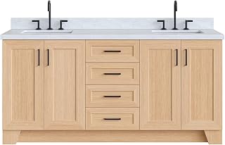 ARIEL Taylor 72-inch Bathroom Vanity with Sink,Solid Wood, 1.5-inch Italian Carrara Marble Countertop, Double Rectangular Porcelain Sink, Soft Closing Doors, Dovetail Drawers, Natural Oak