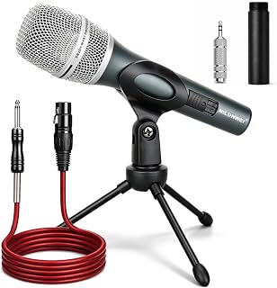 Dynamic Microphone - Heart shaped Directional Wired Microphone, used as a vocal microphone for live sing, with 14 foot XLR to 1/4 inch audio cable, desktop tripod, extension pole, Mic storage bag