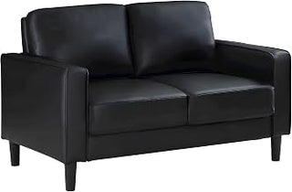 Furnifact Polyester-Upholstered Loveseat with Track Arms, Small Sofa Love Seat Couch for Bedroom or Home Office, Black