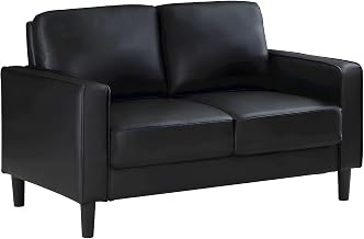 Furnifact Polyester-Upholstered Loveseat with Track Arms, Small Sofa Love Seat Couch for Bedroom or Home Office, Black