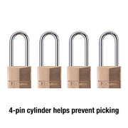 Master Lock 4 Pack / Extra Long Shackle / Brass, Silver Keyed Padlocks