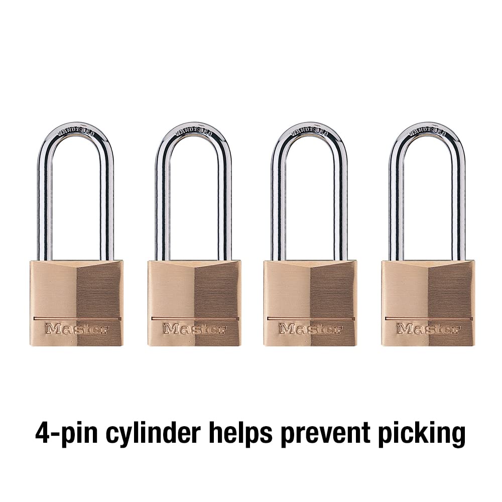 Master Lock 4 Pack / Extra Long Shackle / Brass, Silver Keyed Padlocks