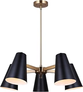 Canarm Harken 5-Light Chandelier, Matte Black and Gold Finish with Metal Shades, Mid-Century Modern Adjustable Ceiling Light for Dining Room or Kitchen