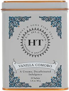 Harney & Sons HT Vanilla Comoro Decaf Black Tea, 20 Sachets in Tin | Decaffeinated black tea, creamy vanilla flavor, smooth finish