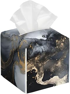 Black Art Marble Texture Tissue Box Cover Leather Square Tissue Box Holder Decorative Tissue Cube Box Cover Facial Paper Case Tissue Case Organizer for Home Office Car Decoration