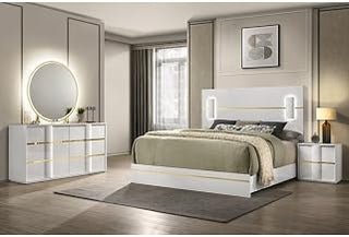 Florence White/Gold Sleek Platform 4-Piece Bedroom Set, Queen