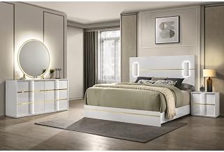 Florence White/Gold Sleek Platform 4-Piece Bedroom Set, Queen