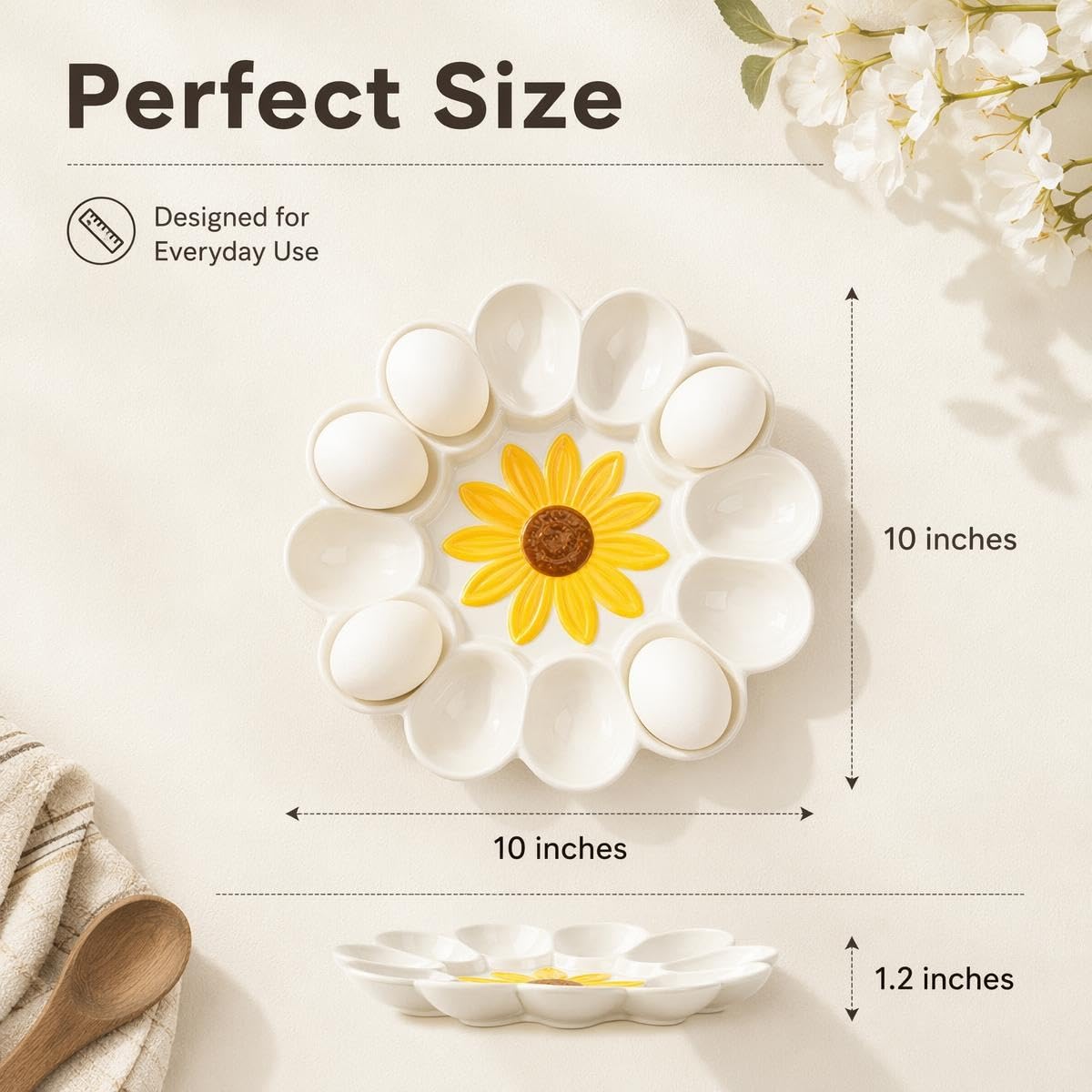 YU&CH Deviled Egg Plate, 12 Slots, White Sunflower
