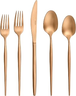 Amefa 20pc Soprano PVD Copper Flatware Set - 18/0 Stainless Steel Satin Copper Silverware Set for 4, Knives Forks Spoons - Dinnerware Utensils
