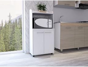 FM FURNITURE Rockford Kitchen Cart, with Open Shelf, Countertop, Two-Door Cabinet, Two Internal Shelves-White.for Kitchen