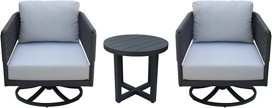 IC INTERNATIONAL CONCEPTS, Outdoor 3 Piece Woven Abaca Rope Patio Furniture Set with an End Table and 2 Swivel Rocking Chairs, Powder Coated Aluminium Frame, 22" W x 22" D x 20" H, Charcoal