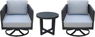 IC INTERNATIONAL CONCEPTS, Outdoor 3 Piece Woven Abaca Rope Patio Furniture Set with an End Table and 2 Swivel Rocking Chairs, Powder Coated Aluminium Frame, 22" W x 22" D x 20" H, Charcoal
