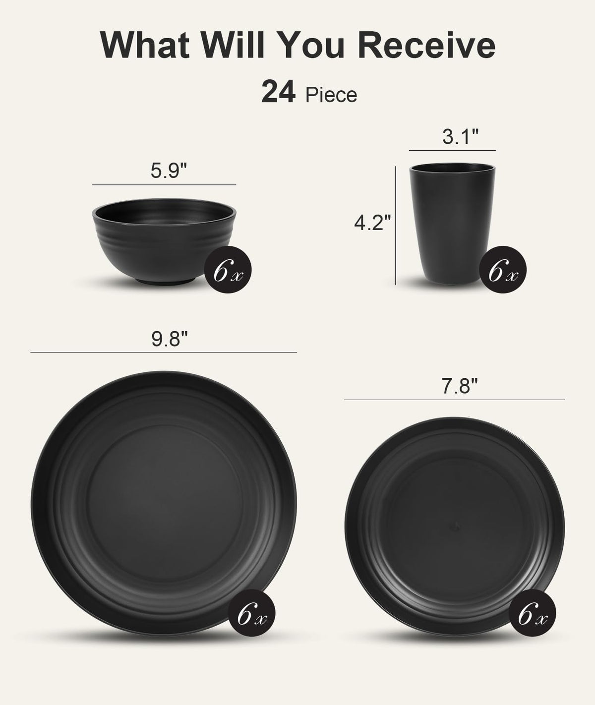 Quatish Dinnerware Set, 24 Piece Service For 6, Black