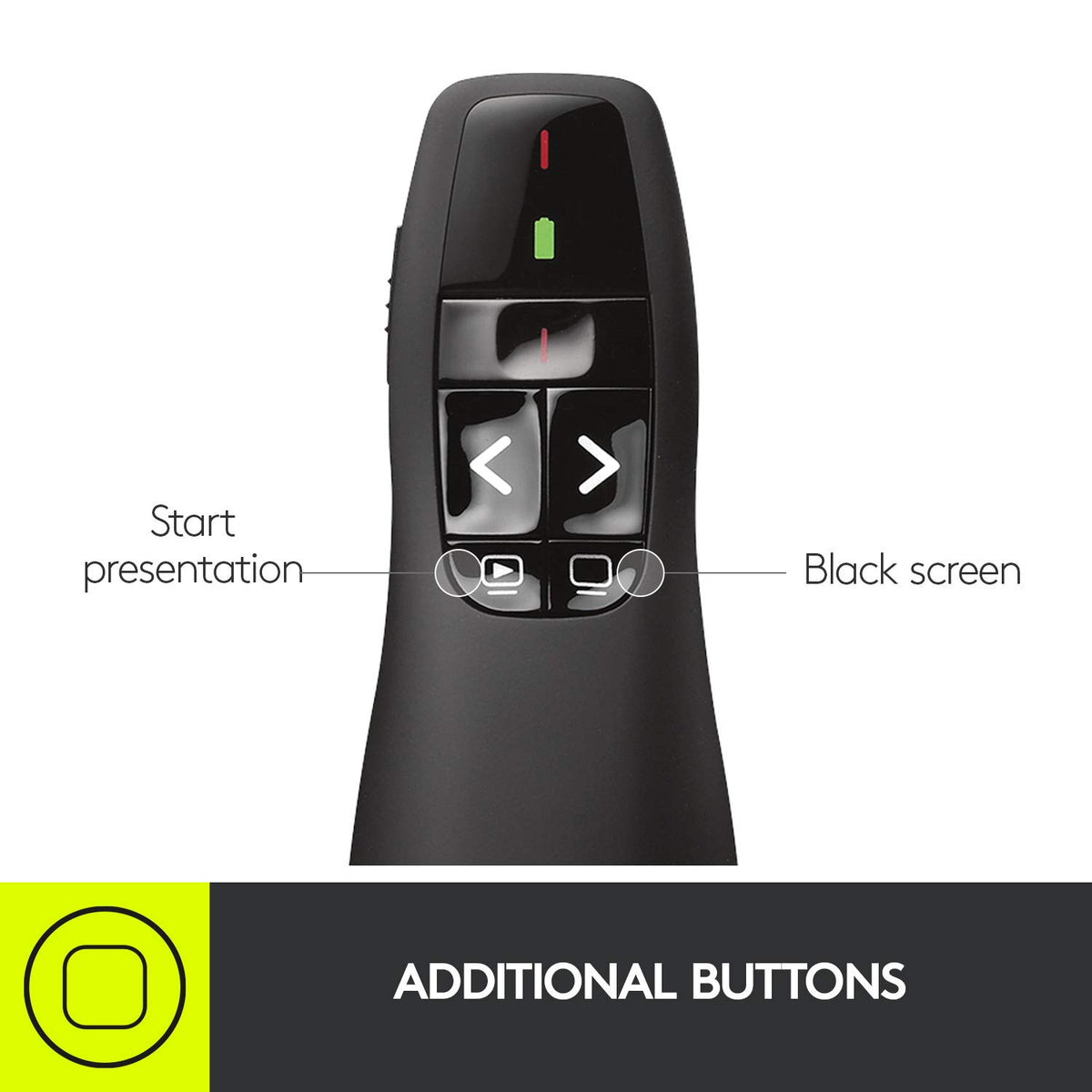 Wireless Presenter R400 USB A PowerPoint Clicker with Laser by Logitech – 1.9" x 6.2" x 8", Plastic, Red Laser, Model 910-001354
