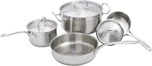 Winco 7 Piece Stainless Steel 7-Piece Cookware Set | Aluminum core for even heat, Riveted handles