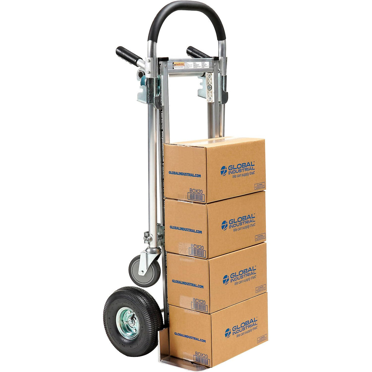 Aluminum 2-in-1 Convertible Hand Truck with Pneumatic Wheels - Junior by Global Industrial – 24"L x 60"W x 7"H, Aluminum, Gray, Model 241664
