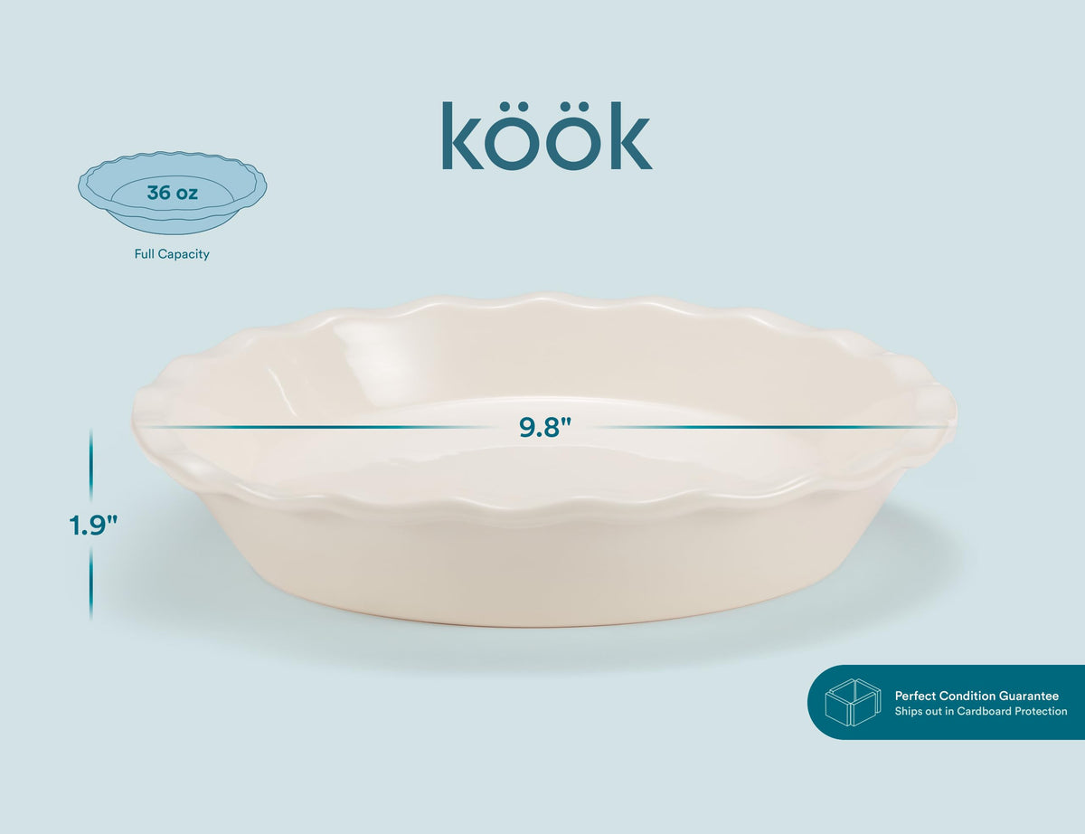 KooK Ceramic Pie Dish, Deep Round Stoneware, 9 Inch 36 Ounce, Ivory Set of 2