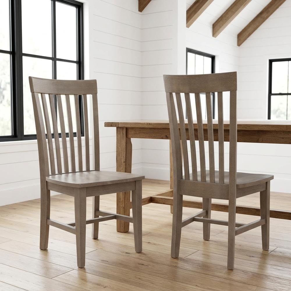 Solid Wood Dining Chair with Mission-Style Frame by Furnifact – Wood, Washed Gray Taupe, Pack of 2