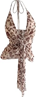 Women's Ombre Mesh Tie Front Halter Top Low Cut Backless Cami Tops