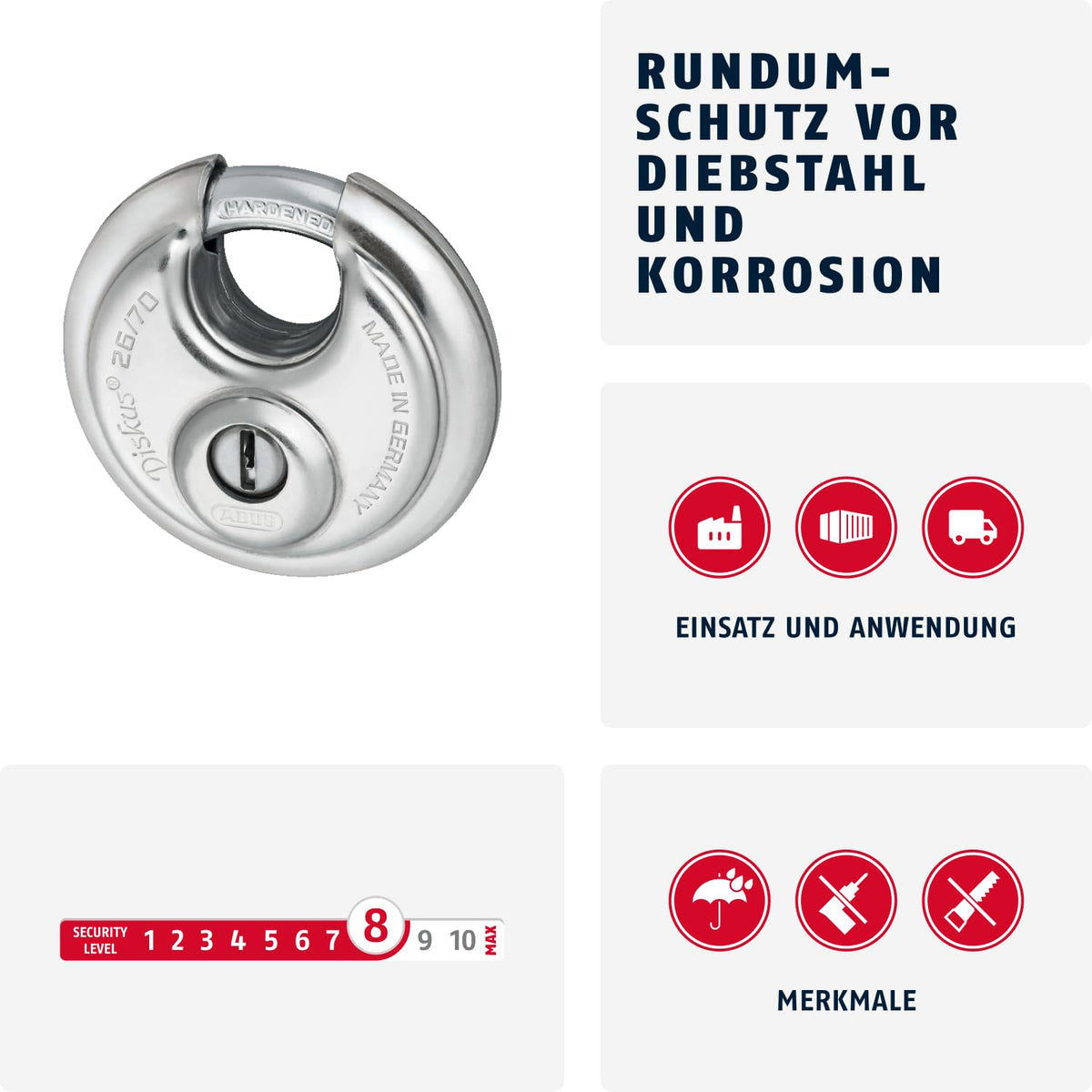 Diskus Padlock 26/70 - Weatherproof - with Drill and Pull-Protected Cylinder - ABUS Security Level 8 - Silver – 90x190cm, Alloy Steel, White, Pack of 6, Model 12790