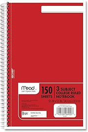 Mead 3-Subject Wirebound College Ruled Notebook, 9.5" x 6"