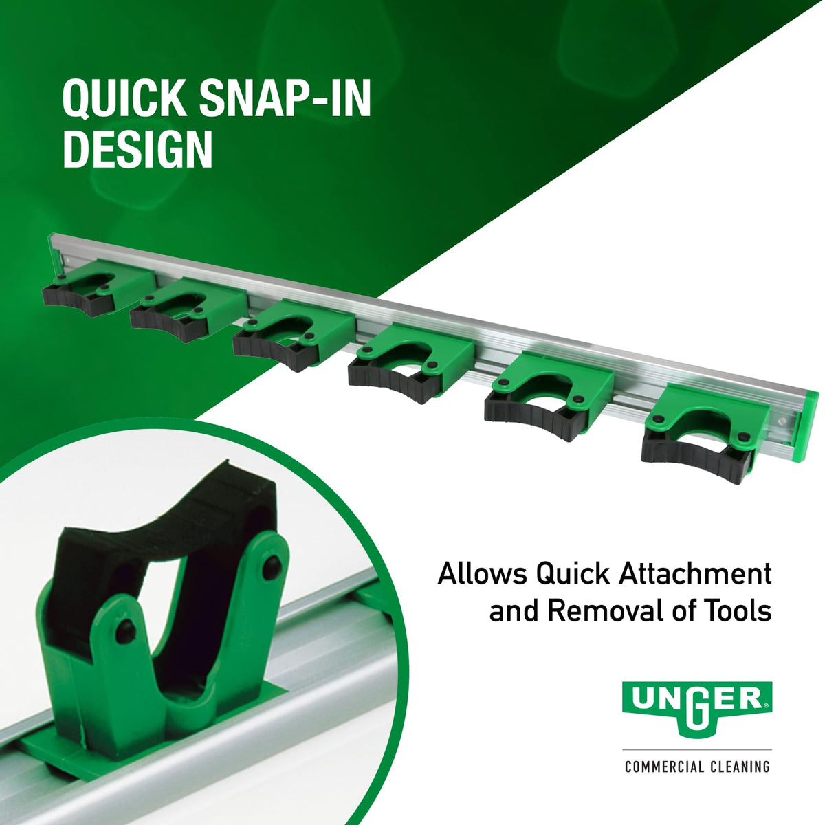 Commercial 28" Broom Holder Wall Mount (Case of 5) - Quick-Snap by UNGER – Black/Green, Pack of 5, Model HO700