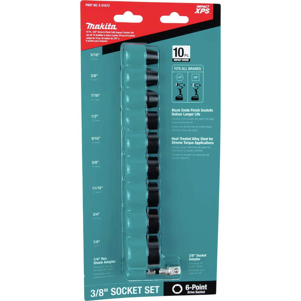 Impact XPS® 10 Pc. 3/8" Drive 6-Point SAE Impact Socket Set w/Standard Socket Adapter by Makita – One Size, Alloy Steel, Teal, Model E-01672