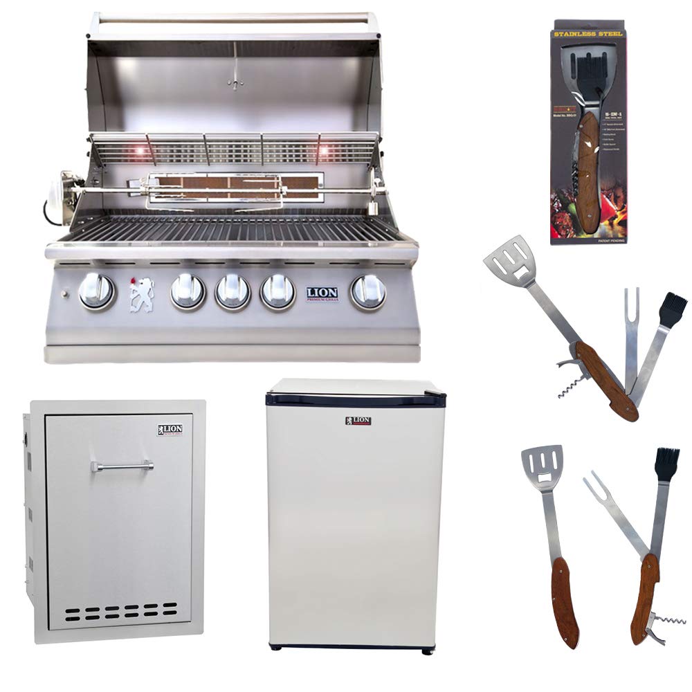 32-Inch Liquid Propane Grill with Lion Multi-Functional Drawer and Lion Refrigerator Package Deal with 5 in 1 BBQ Tool Set by Lion Premium Grills – Stainless Steel, Model L75000