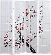 FurniFact White 4-Panel Wood Room Divider, Folding Privacy Screen, Fabric Panels, Floral Print, Oriental Style, 70 Inch, Freestanding