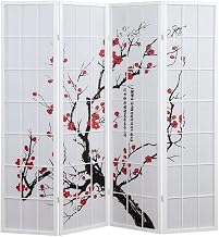 FurniFact White 4-Panel Wood Room Divider, Folding Privacy Screen, Fabric Panels, Floral Print, Oriental Style, 70 Inch, Freestanding