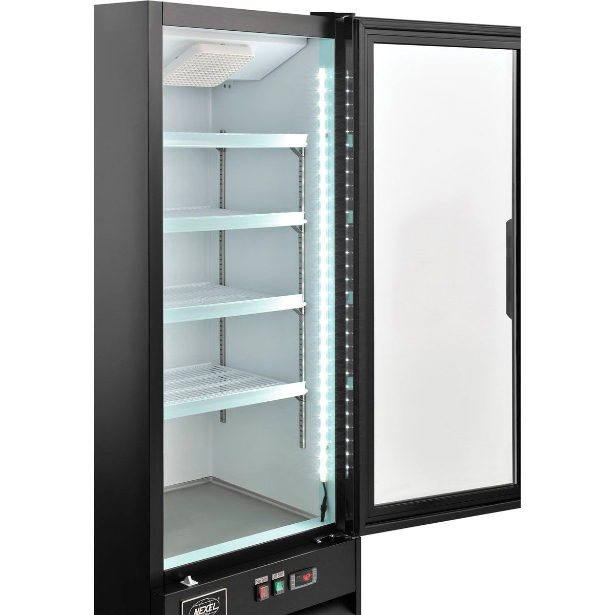 Merchandiser Display Refrigerator by Nexel – 21.7"L x 21.7"W x 63"H, 9.1 cubic_feet, Coated Steel, Black, Model G258BMF-HC