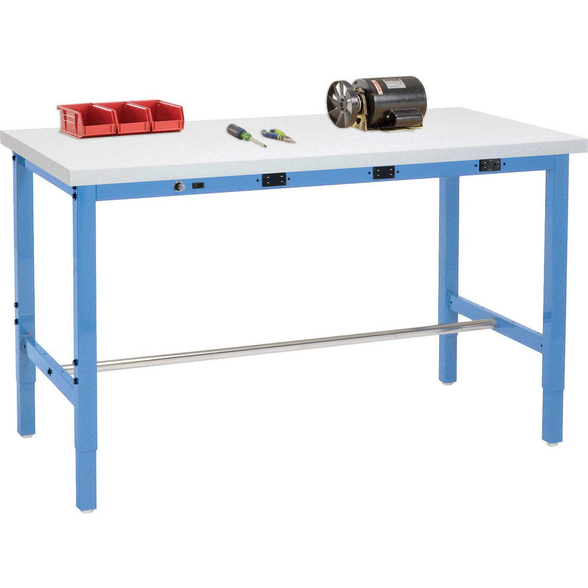 Heavy Duty Adjustable Height Workbench with Power Apron by Global Industrial – 36"L x 96"W x 5"H, Steel, Blue, Model 606981BBLA