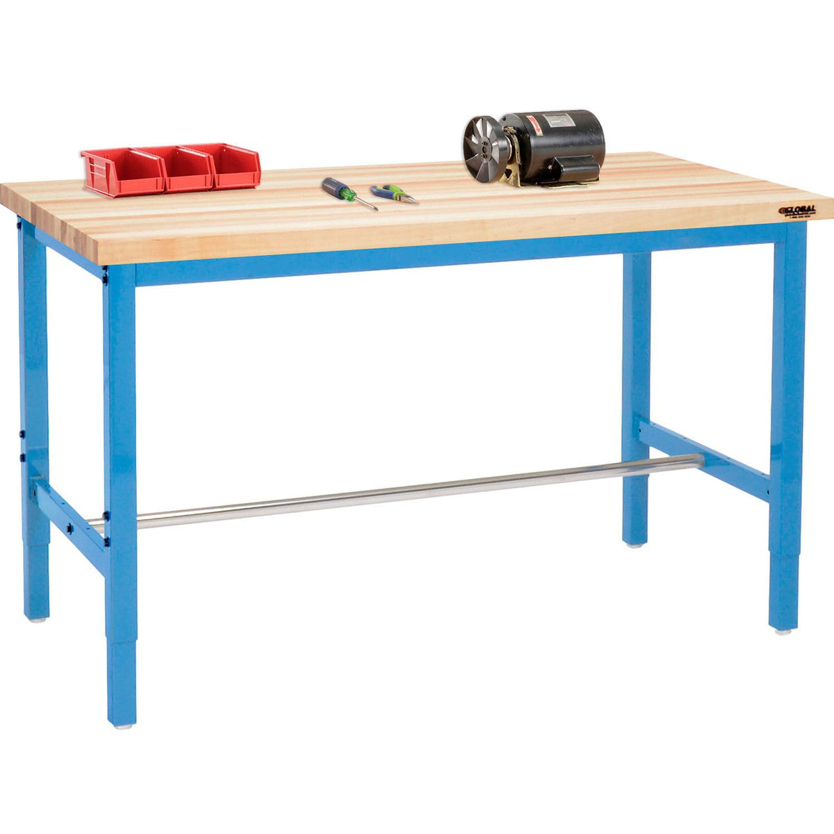 Adjustable Height Production Workbench by Global Industrial – 30"L x 60"W x 4.5"H, Maple, Blue, Model 606984BL