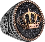 Real Natural Onyx Gemstone Men's Ring - Sterling Silver King's Crown Detail Handmade Ring