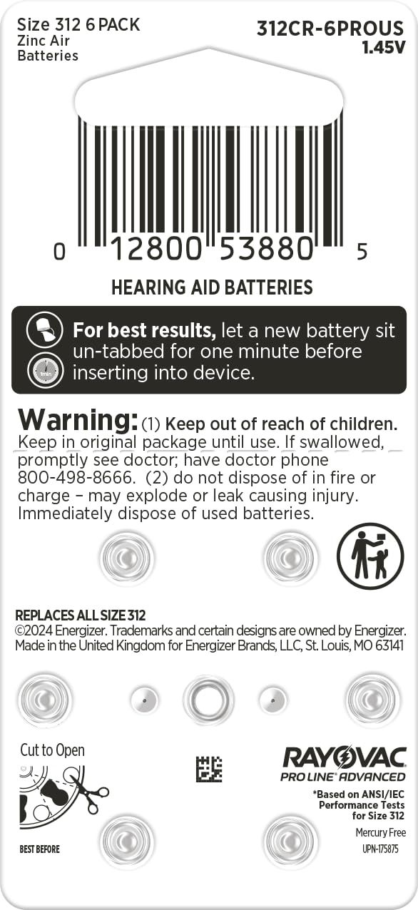 Proline Mercury-Free Hearing Aid Batteries Size 312 (48) by Rayovac – 48 Count (Pack of 1), Brown Tab, Pack of 40, Model IM312A-4ZM