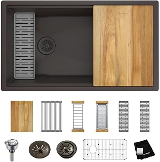 Elkay ELXRU13322W Quartz Luxe 33" Undermount Single Basin Quartz Composite Workstation Kitchen Sink with Basin Rack, Colander and Cutting Board - Chestnut