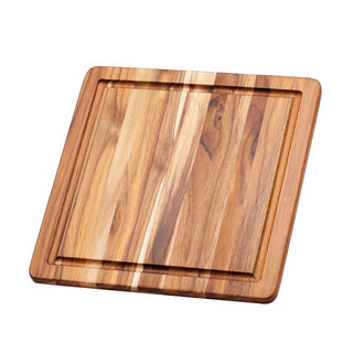 Cutting Board With Juice Canal - Square Teak Wood Serving Board (12 x 12 x .55 in.) - By by Teakhaus – 11.8"L x 11.8"W, Teak Wood, Brown
