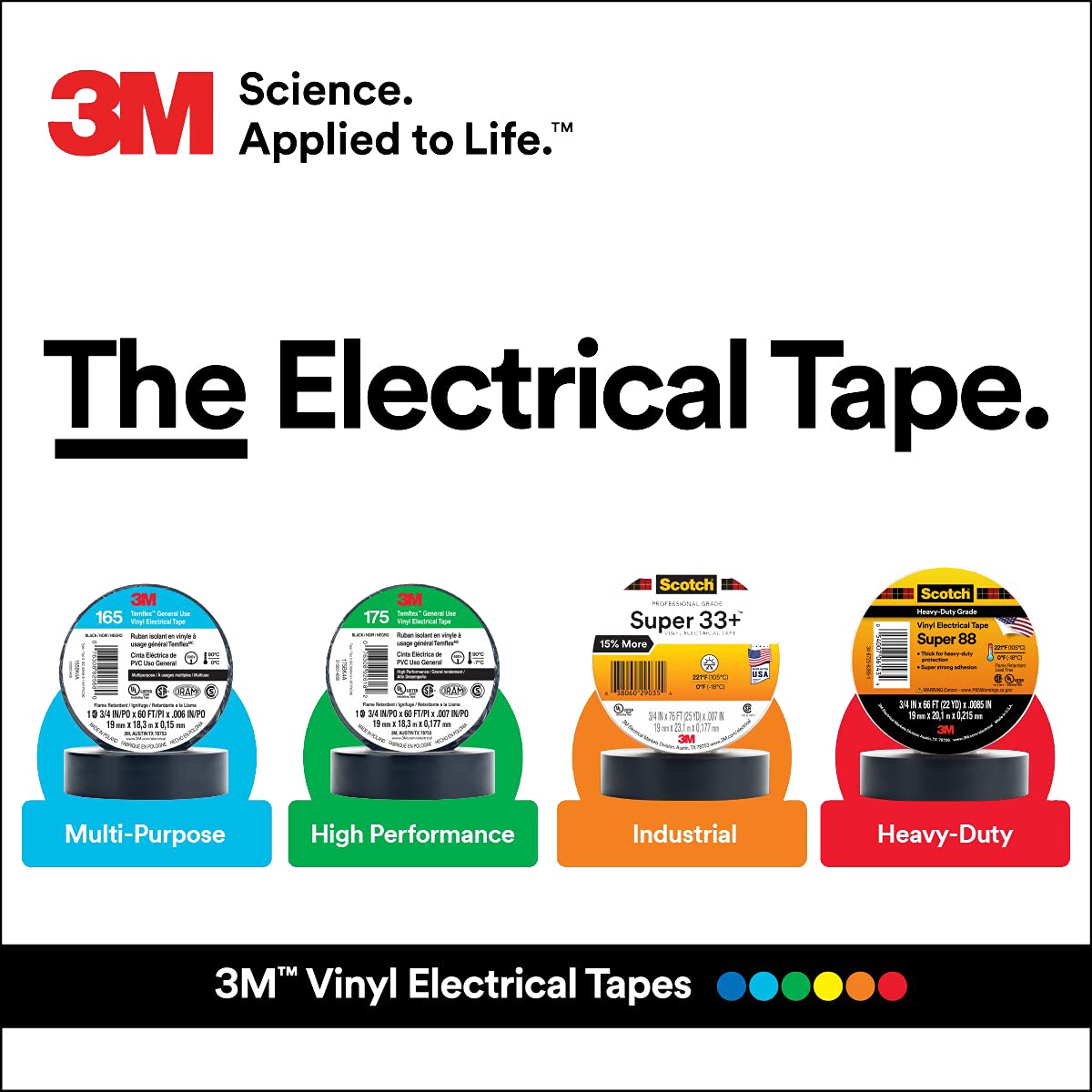 Temflex Vinyl Electrical Tape by 3M – 3/4 in x 60 ft, Pvc,Vinyl,Copper,Rubber, Black, Pack of 10, Model 92618